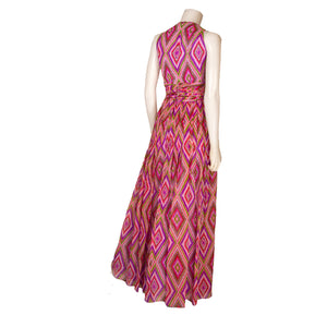 Malcolm Starr Geometric Print Chiffon Maxi Dress 1970s