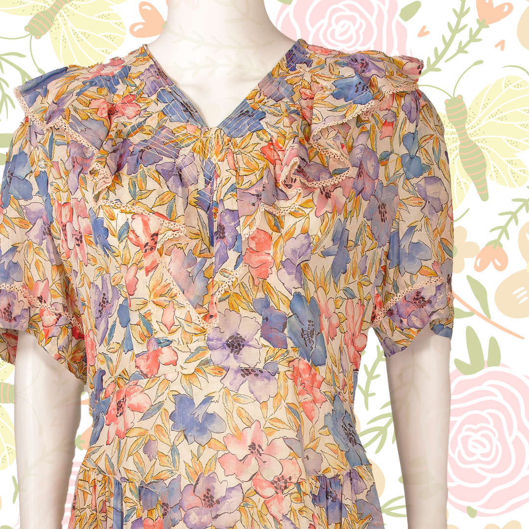 1920s Sheer Cotton Floral Print Dress