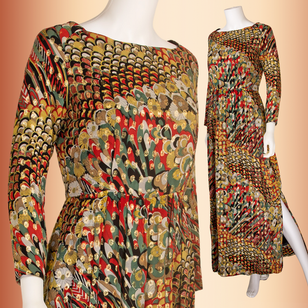 Vintage 1960s Feather and Floral Maxi Cocktail Dress Posh by