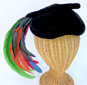 1940s Black Velvet Hat with Multi Colored Feathers⁠
