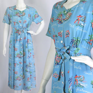 Classic 1940s Hawaiian Rayon Dress⁠