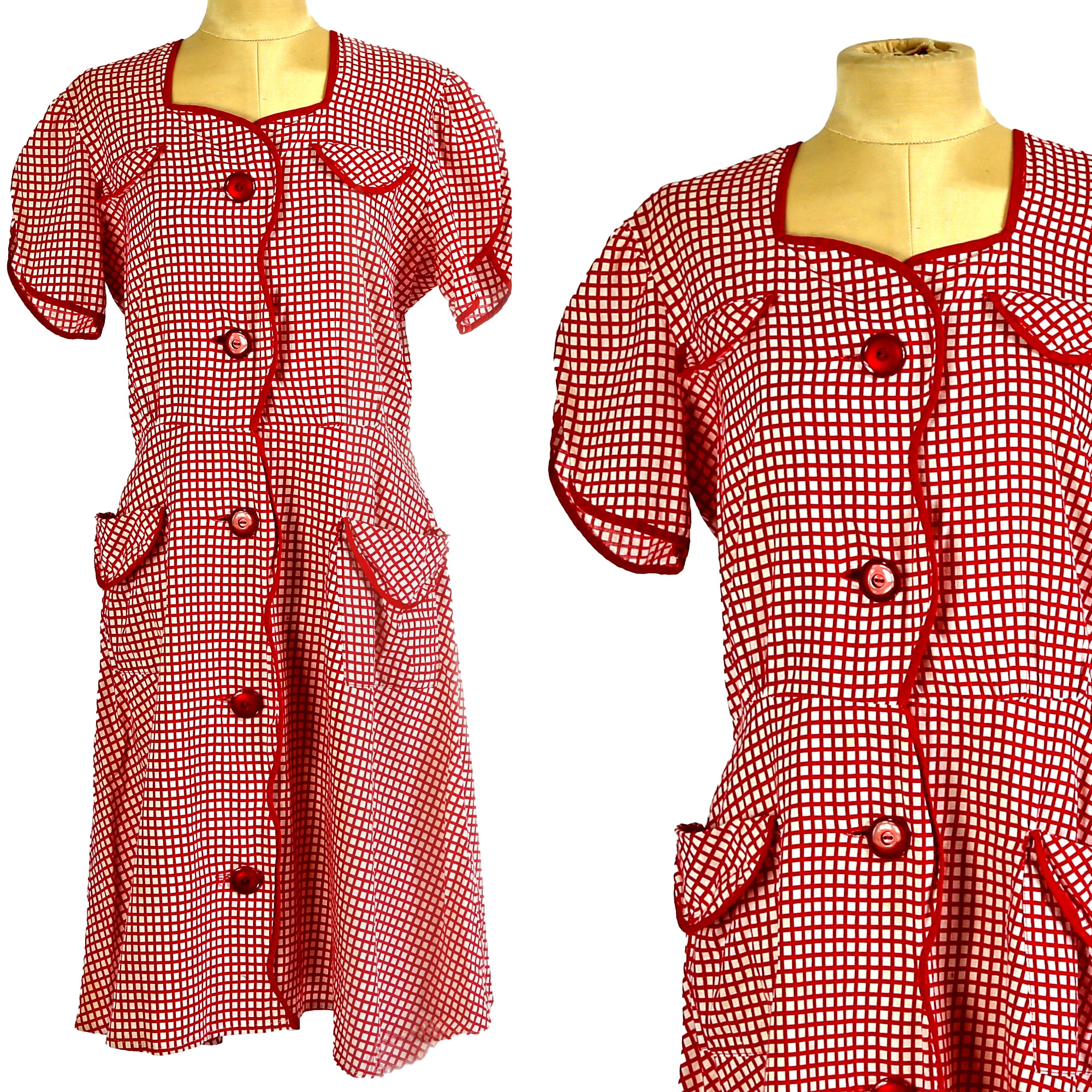 40's - 50's Cotton Red Grid Dress
