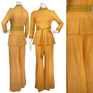 1970s Gold Rayon 2 Piece Bell Bottom Pants Set⁠