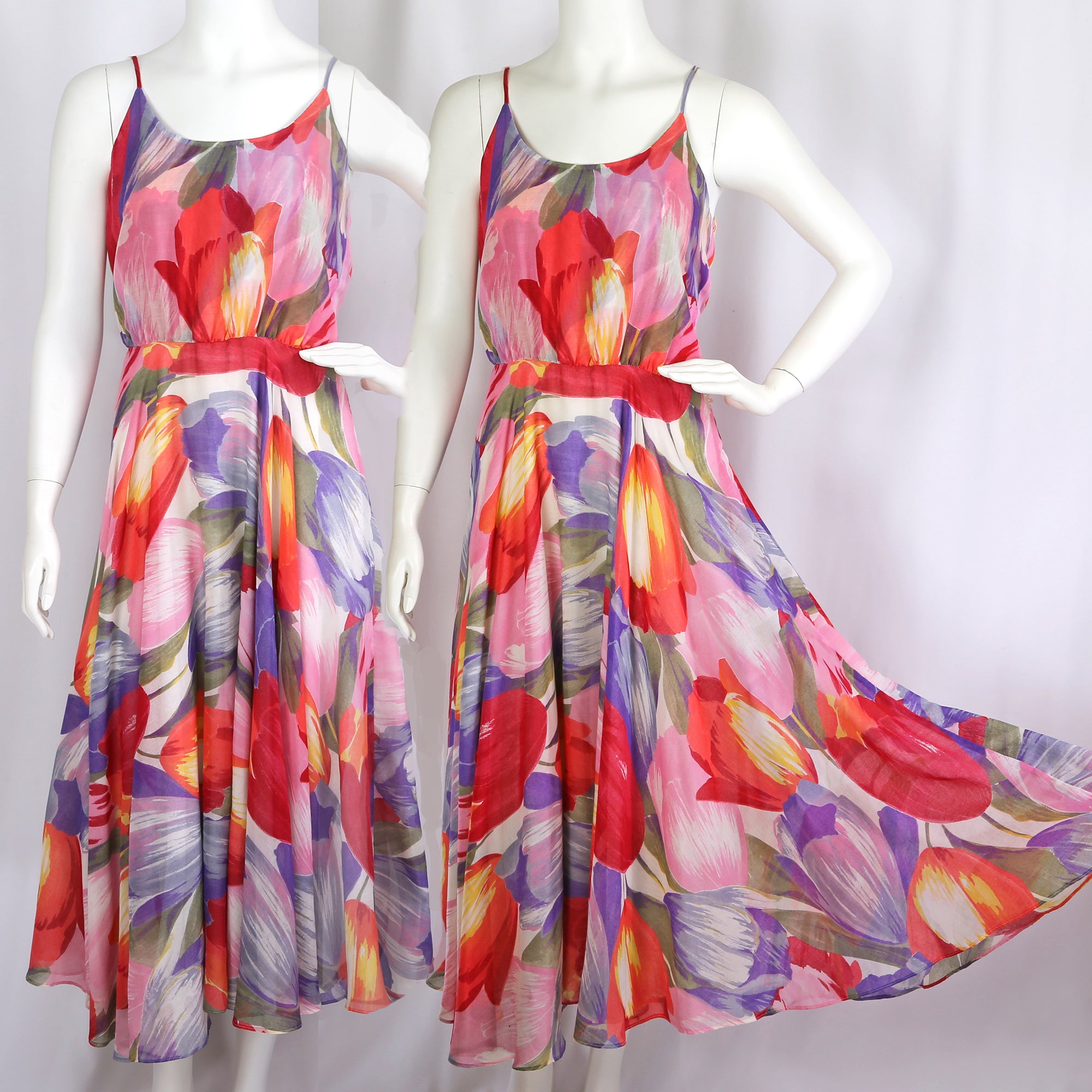70s Full Sweep Tulip Print Dress By Rothschild of San Francisco⁠