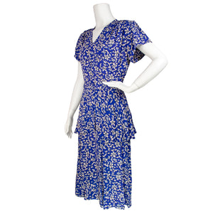 1940s Rayon Crepe Novelty Print Dress w/Peplum