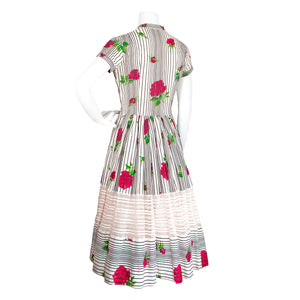 1950s Cotton and Lace Rose Print Dress