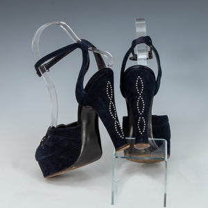 Late 1930s - Early 1940s Studded Black Velvet Peep Toe Platform Shoes