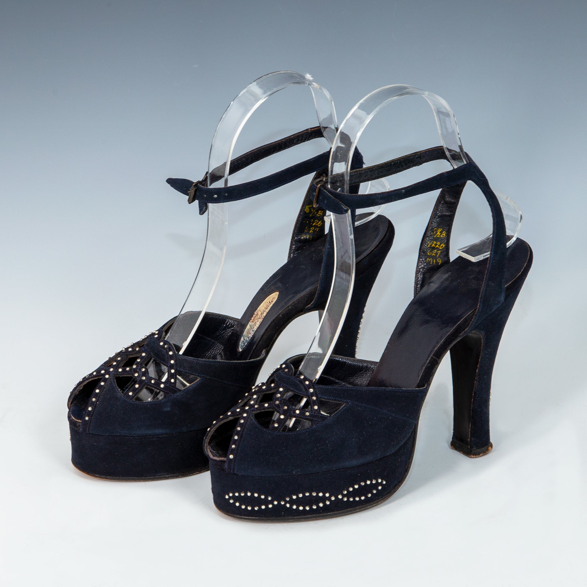 Late 1930s - Early 1940s Studded Black Velvet Peep Toe Platform Shoes