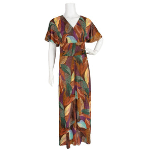 1970s Print Cape Sleeve Maxi Dress