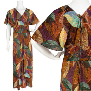 1970s Print Cape Sleeve Maxi Dress